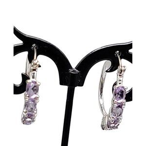 Lavender Crystal Hoop Earrings Latch Closure Silver Tone Purple Rough Stones
